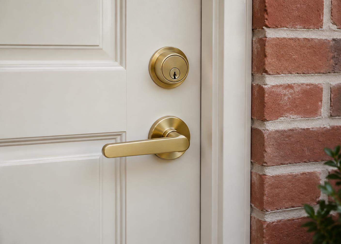 New satin brass lever handle and deadbolt on a cream front door beside red brick